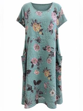 Papillon Linen Floral Dress Blue Green Pockets Small NWT